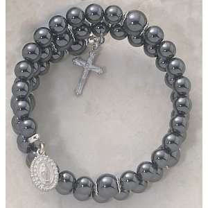  Womens Rosary Bracelet, Faux Hematite Wrap around 5 Decade Rosary 