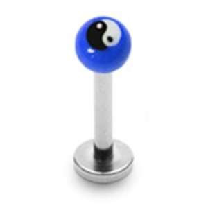 14g Labret Stud Lip Ring Piercing with Blue Ying Yang Ball 14 Gauge 3 