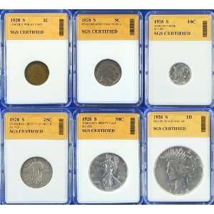  1928 S Mint 6 Coin Year Set with Peace Dollar   SGS 