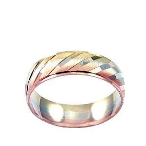  14k Tricolor Gold, Band Ring Textured Slash Design Diacut 