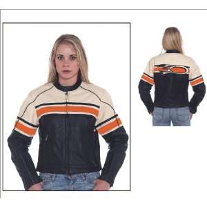 Womens Leather Motorcycle Jacket, Cream Upper Half with Orange Stripe 
