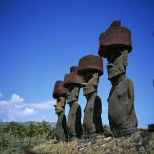 Line of Moai Statues, Ahu Nau Nau at Anakenu on Easter Island, Chile 