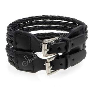 Black Boho Leather Belt Wristband Cuff Bracelet Braid  