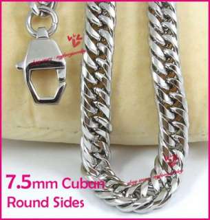 Mens 7.5MM Silver Stainless Steel Cuban Curb Round Side Concave Chain 