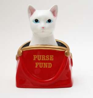 WHITE CAT IN RED PURSE FUND MONEY BANK 8H CERAMIC FIGURINE WORLD 
