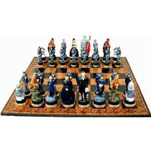   Set with Hand Painted Chessmen and Leather Game Board: Toys & Games