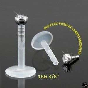 PTFE Bio Flex Labret/Monroe w/ CLEAR CZ 16g 3/8  