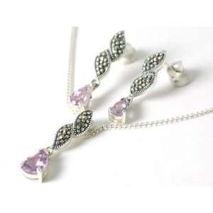  Silver Vintage Style Pear Amethyst & Marcasite Drop Set Jewelry