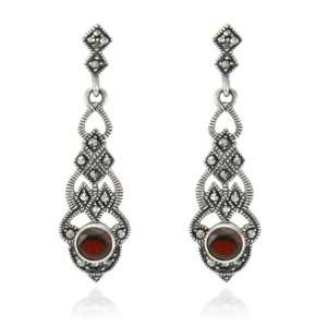    Sterling Silver Marcasite and Garnet Long Drop Earrings: Jewelry