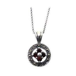  Sterling Silver Marcasite Genuine Garnet Flower Pendant Jewelry