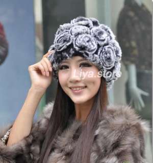 new womens real genuine knit rex rabbit fur rose warm hats caps free 