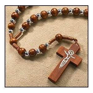 Cord W Silver & Wood Beads Catholic Crucifix Religious Wooden Rosary 