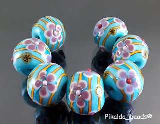 PIKALDAhandmade lampwork 7 glass beads flower lineTURQUOISE LOVER 