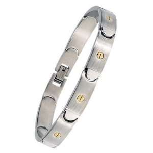  Mens Thin Brushed Stainless Steel Bracelet w/Gold Plate 