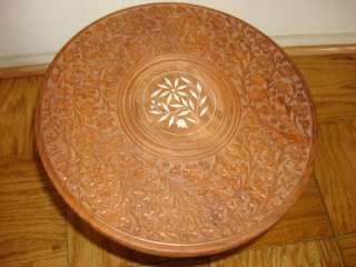 VINTAGE HAND CARVED FLOWERS WOOD PORTABLE ROUND TABLE  