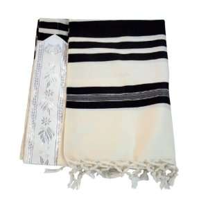  White Shabbat Wool Tallit with Tight Weave and Black 