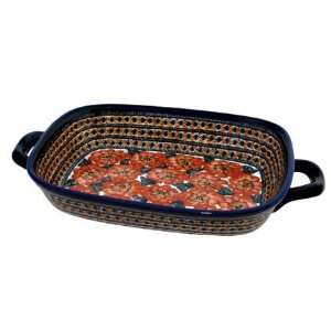  Polish Pottery Peach Floral Large Baker with Handles: Home 