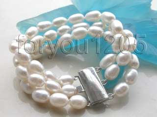Genuine 3rows Natural 14mm White Rice Pearl Bracelet  