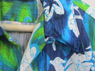  Go Barefoot Hawaiian Rayon Shirt Loop Collar Green Blue L XL  