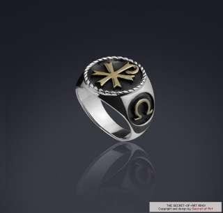 CHI RO   JESUS ALPHA OMEGA SILVER RING 24K GOLD PLATED  