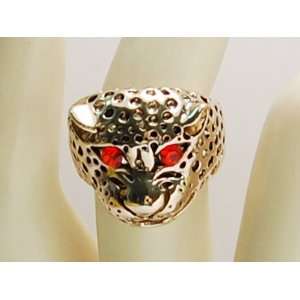   Fierce Red Eyed Jaguar Cougar Gold Tone Angry Spot Animal Sized Ring