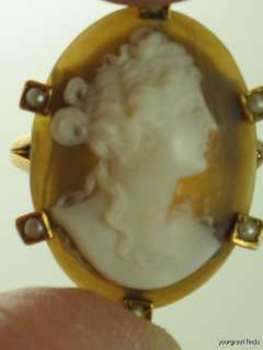 ANTIQUE 14K YELLOW GOLD NATURAL PEARL & HAND CARVED SHELL CAMEO RING 