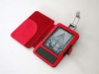 RED PU LEATHER SKIN CASE COVER WALLET WITH LIGHT FOR  KINDLE 3 