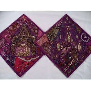  2 Purple Sari Beaded Throw Toss Pillow Cushion Covers 