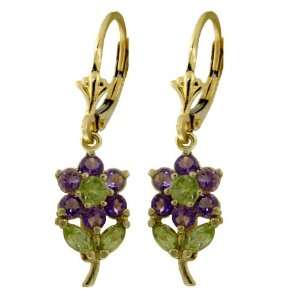    14k Gold Flower Earrings with Genuine Amethysts & Peridots Jewelry