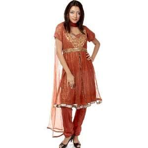  Rust Anarkali Shimmer Suit with Beadwork and Brocade 