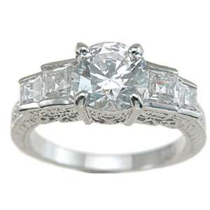   Rhodium Finish CZ Princess Antique Style Engagement Ring Jewelry