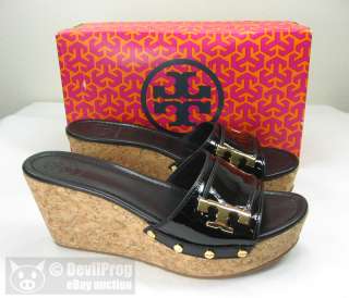 NIB TORY BURCH PAMELA Wedge Sandals Shoes Black Patent Leather/Gold 