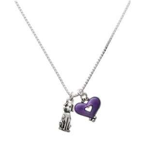 Spotted Dog and Translucent Purple Heart Charm Necklace