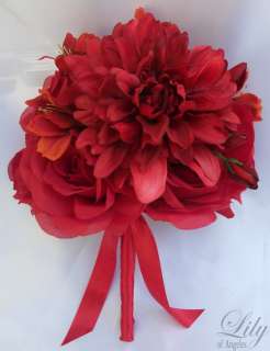17pcs Wedding Bridal Bouquet Flower Decoration Bride RED ROSE   Lily 