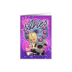 Aries Zodiac Cute Card With Female And Ram Card