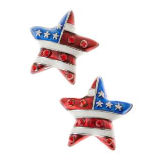 Patriotic American Flag 3D Star Stud Earrings Silver  