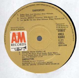 Carpenters Self Titled LP VG++ UK A&M AMLS 63502  
