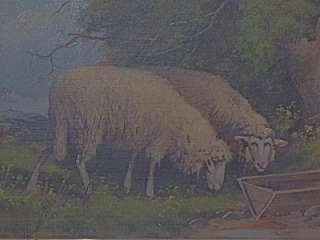 ANTIQUE 19TH c PASTORAL SHEEP SCENE OIL PAINTING w ORIG ORNATE GILT 