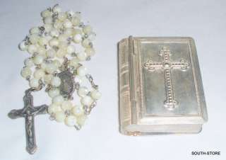 ANTIQUE BOOK RELIC BOX w/ MOTHER OF PEARL ROSARY  