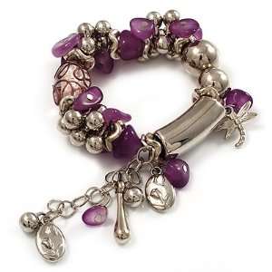  Lilac Glass Bead Charm Flex Bracelet (Silver Tone 
