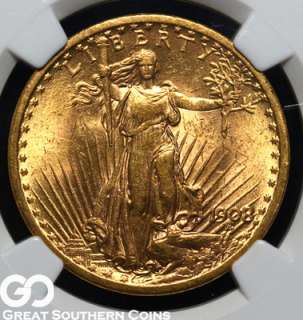 1908 NGC $20 GOLD St Gaudens Double Eagle NO MOTTO MS 62  