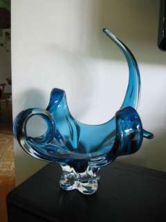 Signed Chalet Blue Art Glass Sculpture Dish  