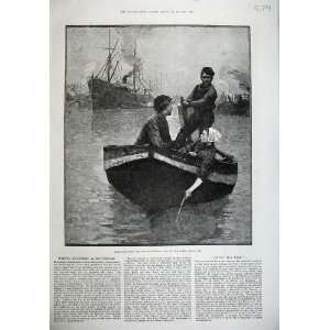  1887 Fine Art Eugene Vail Men Woman Boat Ships River: Home 