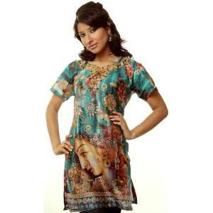 Peacock Green Kurti with Printed Lady   Pure Cotton Silk with Digital 