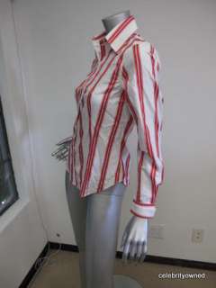   White/Red Stripe Flower Embossed Button Down Long Sleeve Top 40  