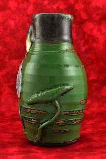 Antique Art Nouveau Green Pottery Blue Flower Vase  