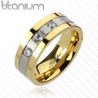 Titanium Elegant Mens Gold Ion Plated Striped 3 CZ Band Ring Size 9 