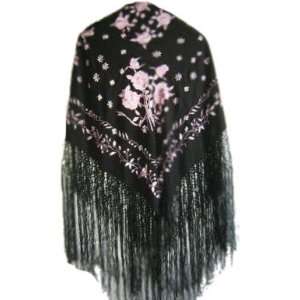  Beautiful Silk Piano Shawl Black with Pink Flamenco Floral 