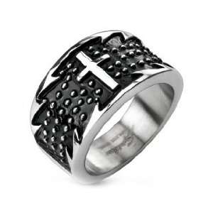 High Polished Stainless Steel Biker Ring with Cross on Black Plated 