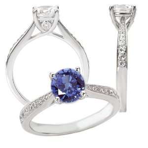18K 6.5mm Round Blue CZ Color #4 Cathedral Style Engagement Ring with 